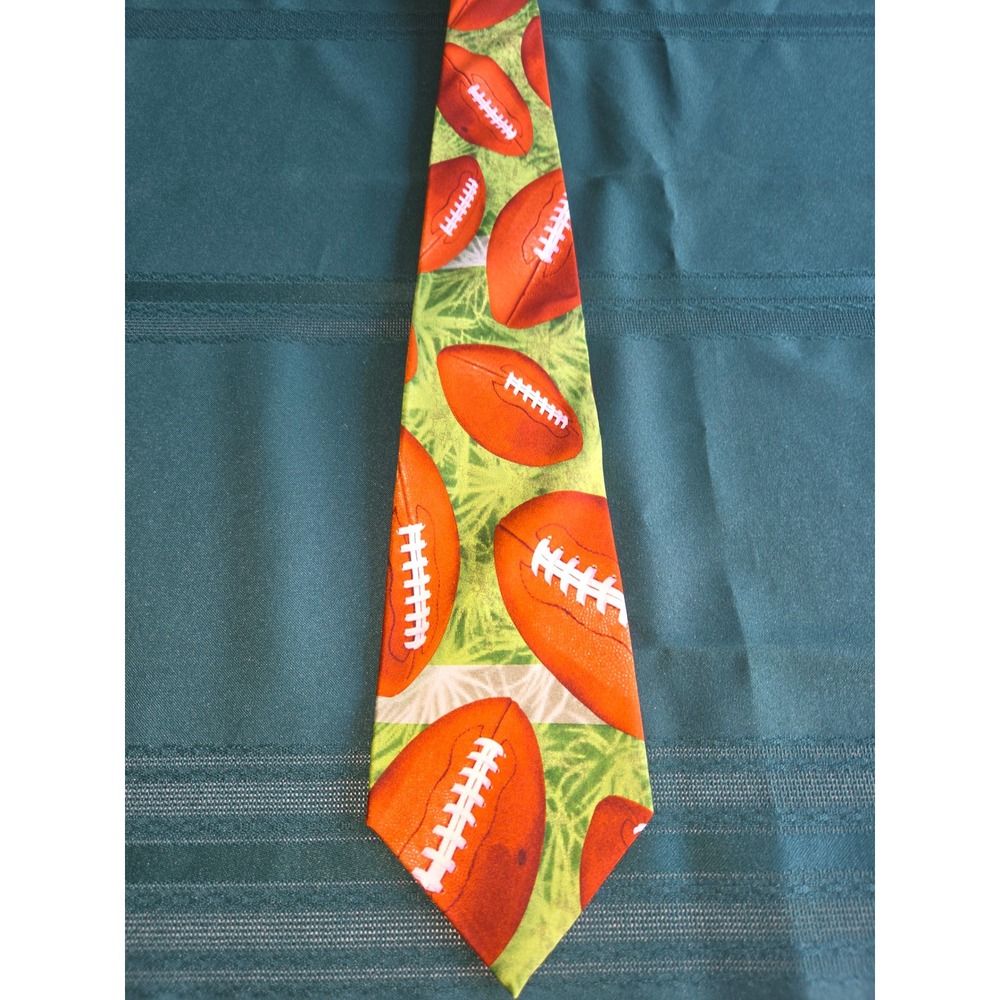 Larson Mens Silk Football Print Necktie Green Orange Sports Theme Tie